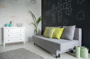 Living room with white dresser
